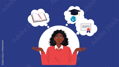 Confused woman with dark curly hair shrugging while thinking about different education and career path options in thought bubbles.