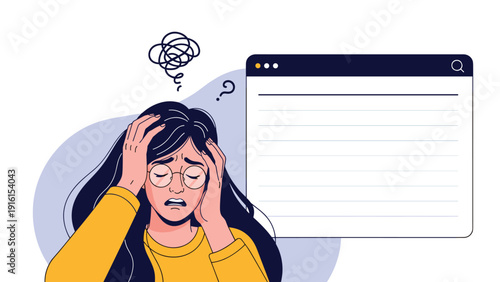 Stressed young woman in glasses holding her head in distress in front of a large blank computer browser window for online research.