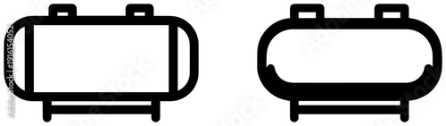 Two black icons of resin vat tanks arranged horizontally on white background for industrial use