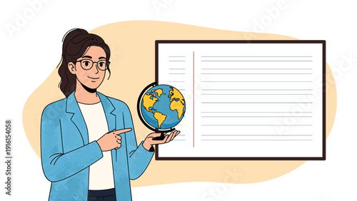 Smart young woman with glasses pointing to a blank board while holding a world globe in her other hand during a social studies class.