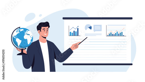 Confident male presenter holding a globe and using a pointer to explain business data charts on a whiteboard in a professional office.
