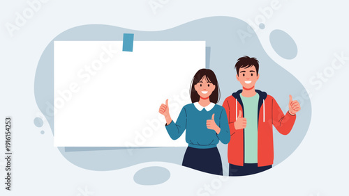 Happy young couple standing together and giving a thumbs up sign next to a large blank white board for your custom text or branding.