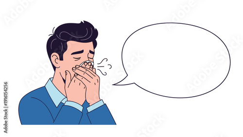Distressed man suffering from a cold blowing his nose into a tissue next to a large white speech bubble for your health related message.
