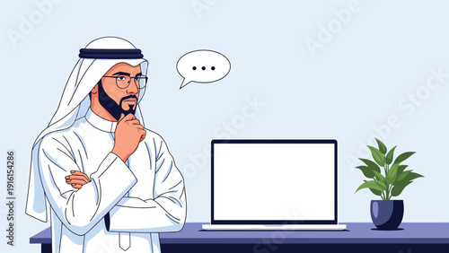 Pensive Arab man in a white thobe looking thoughtfully at a laptop computer with an empty speech bubble for his ideas or questions.
