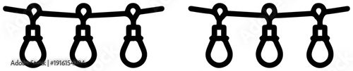 Black string of fairy lights icons with bulbs on wire decorative lighting symbols