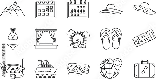 A collection of icons representing various vacation and travel activities and items isolated on transparent background, Vector