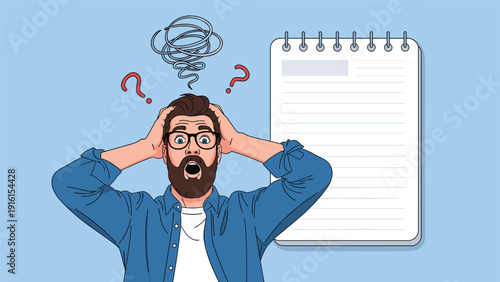 Stressed and frustrated man holding his head in panic in front of a large blank spiral notebook on a light blue background space.