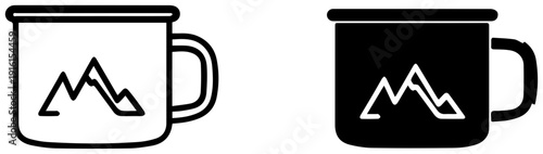 Two enamel camping mug icons with mountain design in black and white
