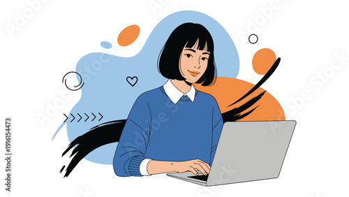 Modern young woman with short black hair working on her laptop computer against a creative background with abstract shapes and icons.
