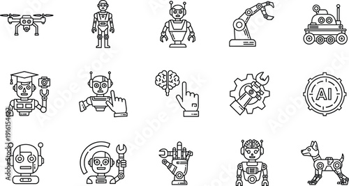A diverse collection of icons representing various technological and futuristic concepts isolated on transparent background, Vector