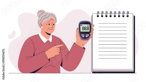Senior woman holding a blood glucose meter and pointing at a blank notepad for recording health data and medical measurements at home.