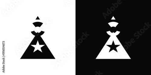 Black and white geometric symbol with star and triangular base on contrasting backgrounds triangle