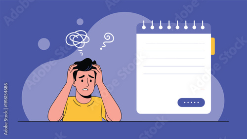 Stressed man feeling confused and overwhelmed while sitting next to a large blank notepad template with a blue call to action button.