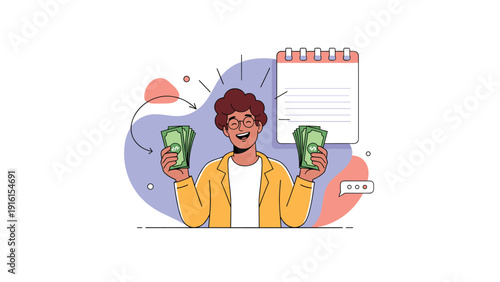 Excited young man holding stacks of cash and smiling next to a large spiral notepad and message bubbles on a colorful background.