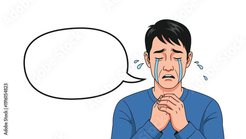 Emotional man crying with tears streaming down his face while holding his hands together next to a blank speech bubble for messages.