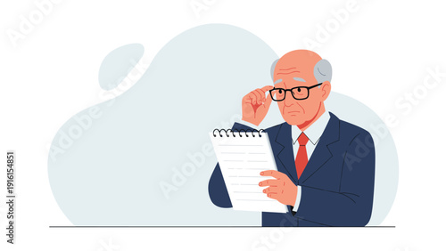 Senior man in a suit and glasses looking confused or concerned while reading notes on a handheld spiral notepad during a meeting.