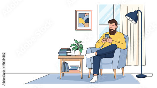 Bearded man in a yellow sweater relaxing in an armchair while using his smartphone in a cozy living room interior with home decor.