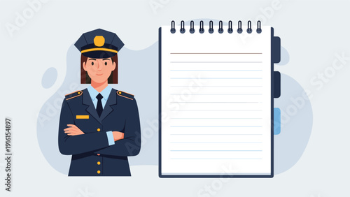 Professional female police officer in uniform standing with arms crossed next to a large blank spiral notebook for report writing.