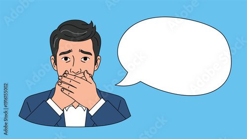 Concerned man covering his mouth with both hands next to a blank speech bubble against a solid blue background for communication.