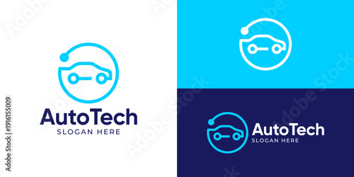 Creative simple auto tech logo template. Abstract car with circle connection for car tech logo design vector illustration.