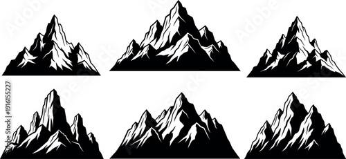 Mountain range silhouettes vector, rugged peaks illustration, outdoor landscape artwork, hiking design, travel scenery, black and white, nature background, adventure icon