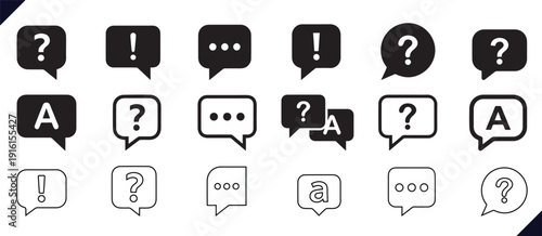 FAQ Question and Answer Speech Bubble Icon Set Black and White Chat Symbols Collection