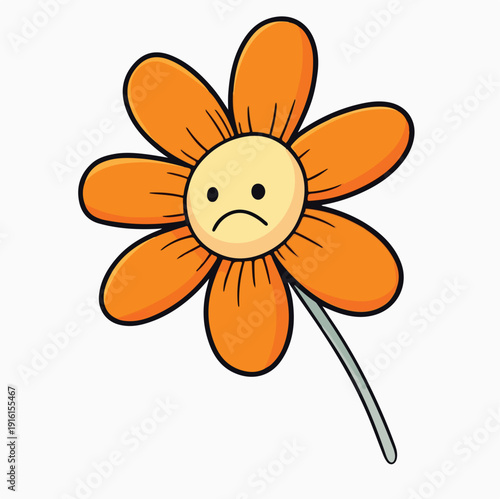 Cartoon illustration of a drooping orange flower featuring a distinct sad or frowning facial expression conveying negative emotion in a simple isolated graphic style.