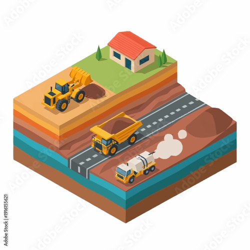 Isometric illustration of construction site with layered earth and vehicles.