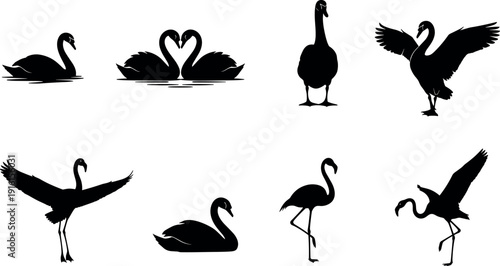 Swan and flamingo silhouettes vector, bird illustration, wildlife artwork, black and white design, nature background, elegant animal art, decorative scenery