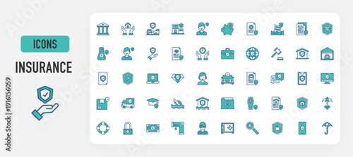 Insurance icon vector. Bank, Protection, Accident, Building, Saving, Life Insurance, Earthquake, Policy, Avatar, Health, Cash, Law, Protect, Briefcase, Global, Garage, Document, Key illustration. 