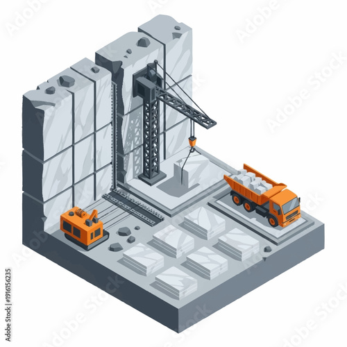 Isometric illustration of construction site with marble and machinery.
