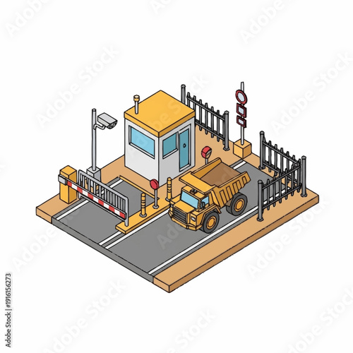 Isometric illustration of a security checkpoint with guard booth and barrier.