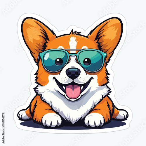 Adorable cartoon illustration of a happy Pembroke Welsh Corgi puppy wearing stylish turquoise sunglasses resting comfortably against a white background perfect for sticker design or pet themed project