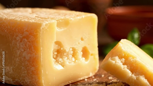 Large Parmesan Cheese Piece Breaking Apart Crystalline Texture Rustic Italian Cuisine Atmosphere.