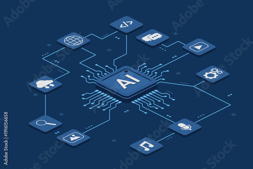 Isometric AI microchip processor on a circuit board with multimedia and cloud icons. Flat vector illustration of artificial intelligence, machine learning technology, and data processing.