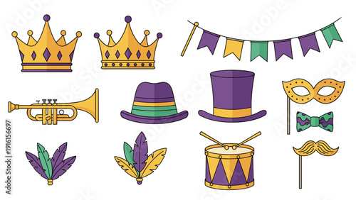 Collection of Mardi Gras celebration items including crowns, a trumpet, hats, masks, feathers, a drum, a bow tie, and a fake mustache on stick.