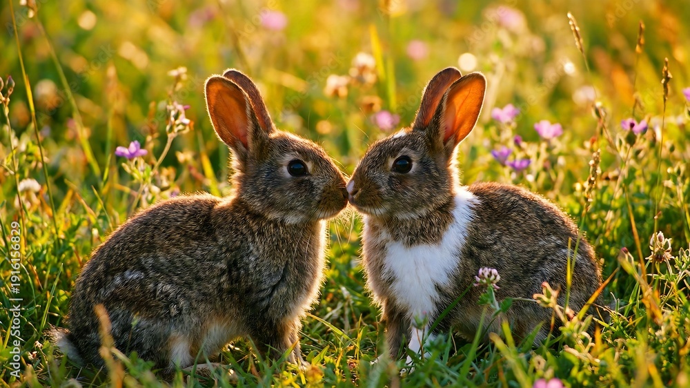 Obraz premium Two adorable young rabbits share an affectionate moment nose-to-nose while sitting closely together in a sunlit field of tall green grass and wildflowers.