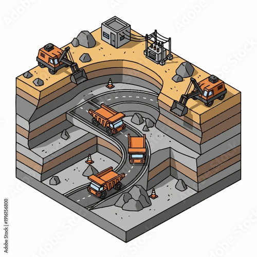 Isometric illustration of an open pit mine with trucks and machinery.