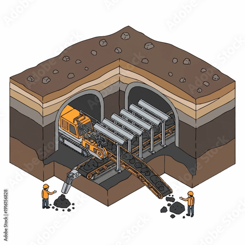 Underground Coal Mining Operation with Machinery and Workers.