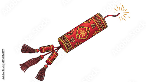 Traditional Chinese firecracker decoration in red and gold with tassels and a lit fuse for lunar new year celebrations and spring festivals.