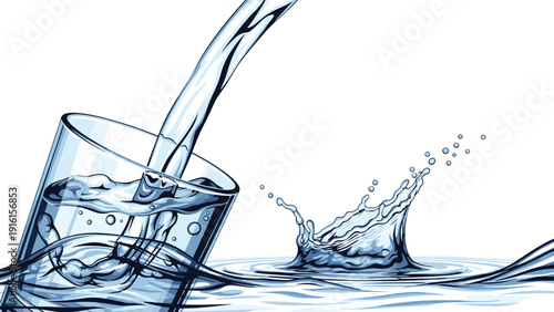 Dynamic illustration of fresh water being poured into a transparent glass causing a splash with ripples and bubbles in shades of cool blue.