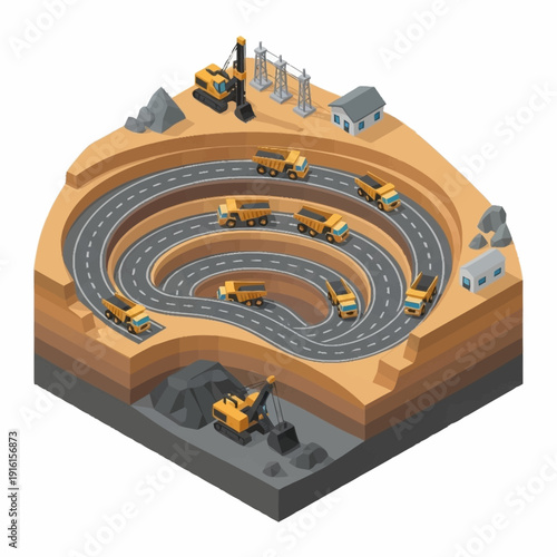 Isometric illustration of a construction site with winding road and heavy machinery.