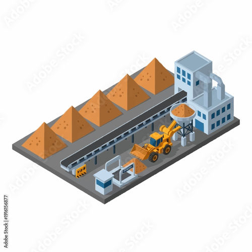 Cement factory with storage pyramids and machinery.