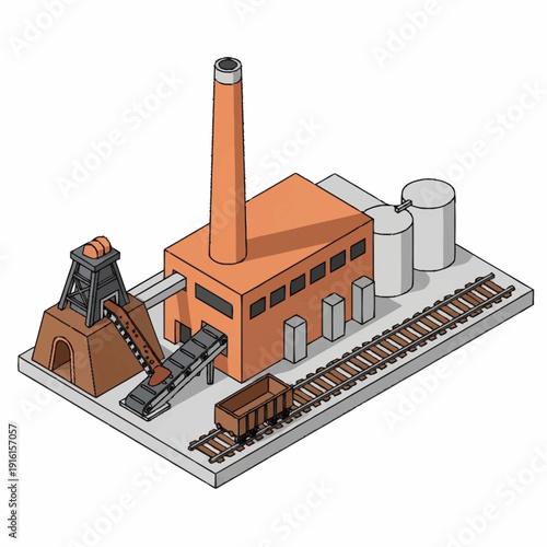 Isometric illustration of an industrial factory with smokestack and railway.