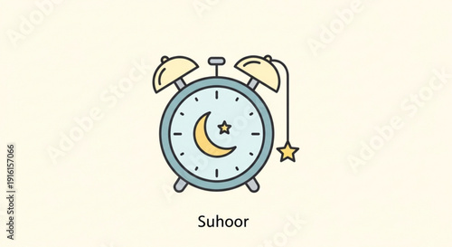 Islamic suhoor alarm clock with crescent moon and star at night