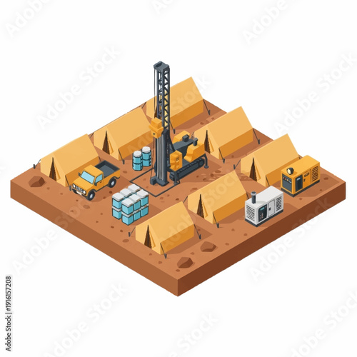 Isometric illustration of an oil drilling site with equipment and tents.