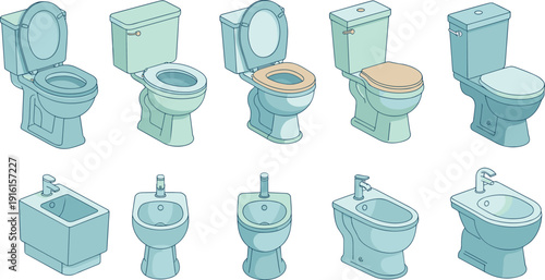 Bathroom toilet bidet sink illustration, sanitary equipment collection set, plumbing fixtures flat vector isolated background modern design