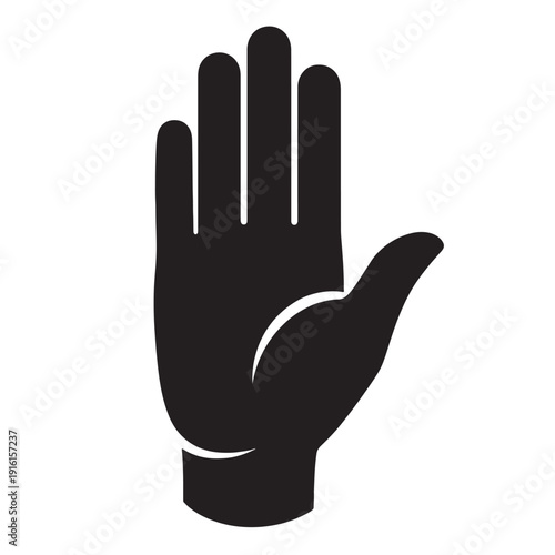 A black and white icon of a hand with an open palm facing forward. Vector