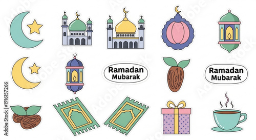 Ramadan mubarak islamic symbols and icons set with mosques lanterns dates and prayer mats on white background
