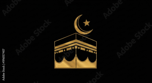Golden kaaba with crescent moon and star on black background symbolizing islamic faith and spirituality